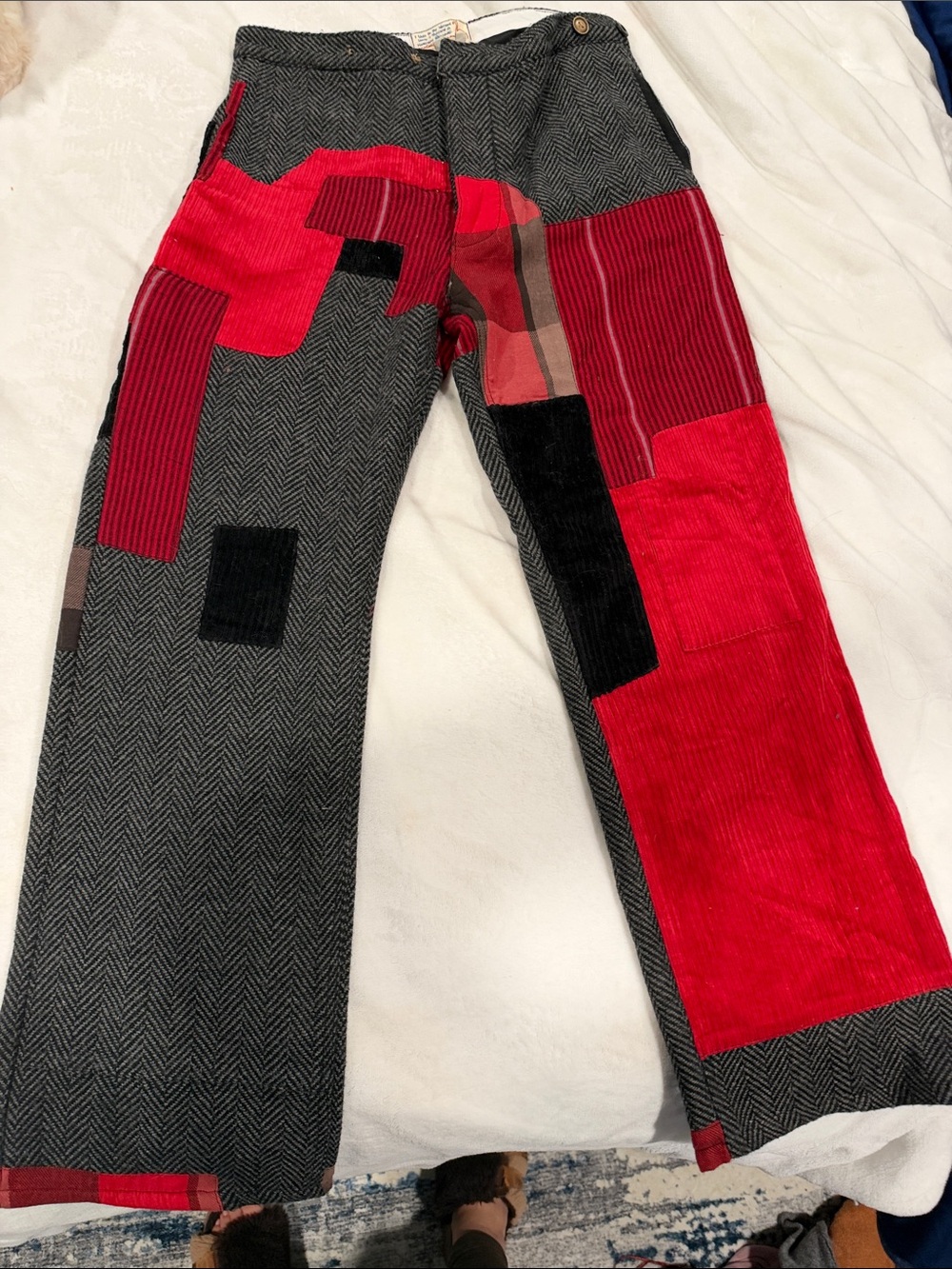 Women’s Patchwork Herringbone Pants with Red Corduroy Accents